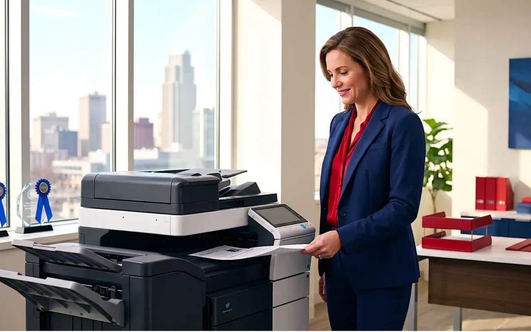 A confident office manager using a modern, high-volume multifunction office copier in a bright Midwest B2B workspace.