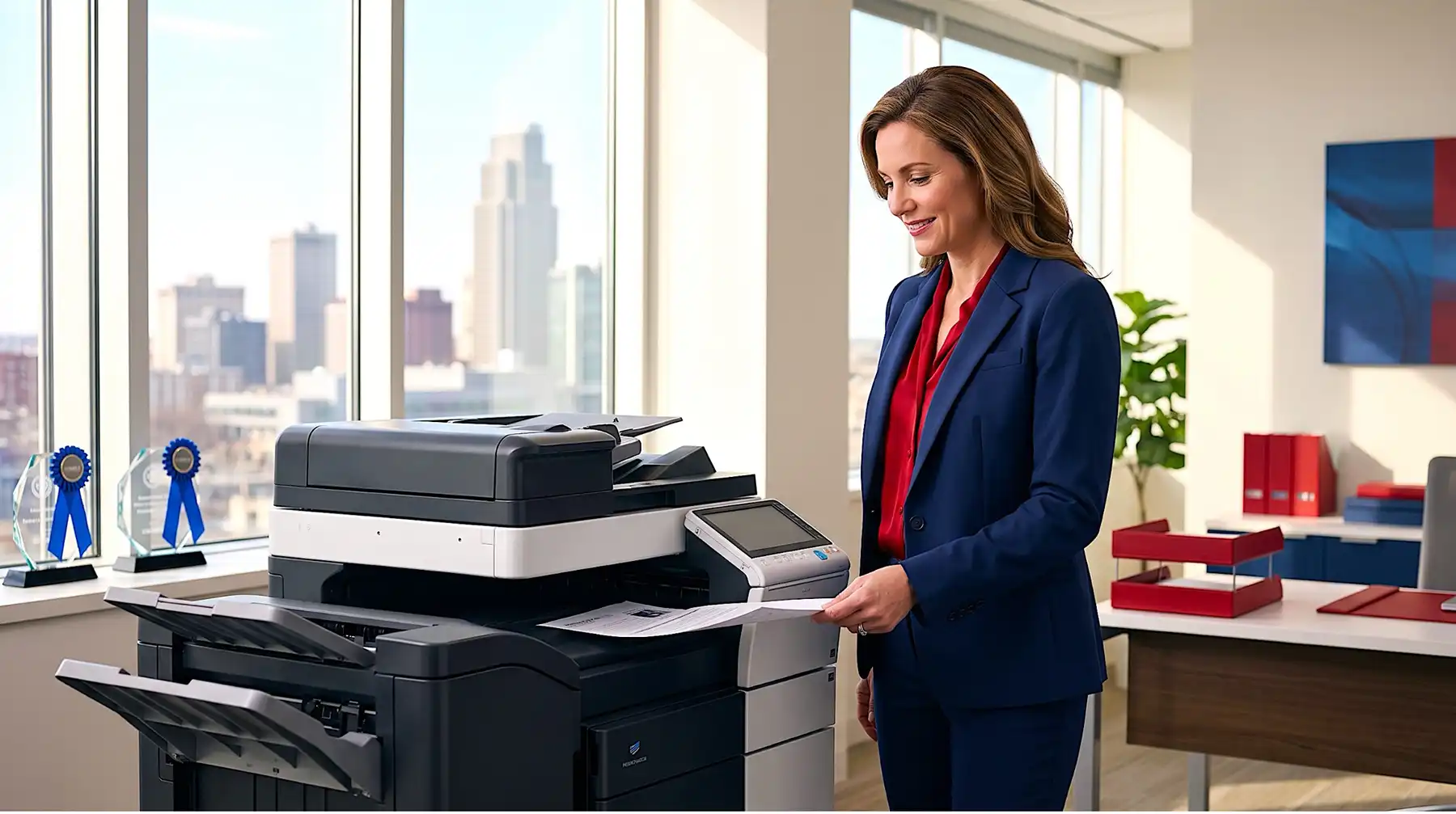 A confident office manager using a modern, high-volume multifunction office copier in a bright Midwest B2B workspace. - Bishop Business